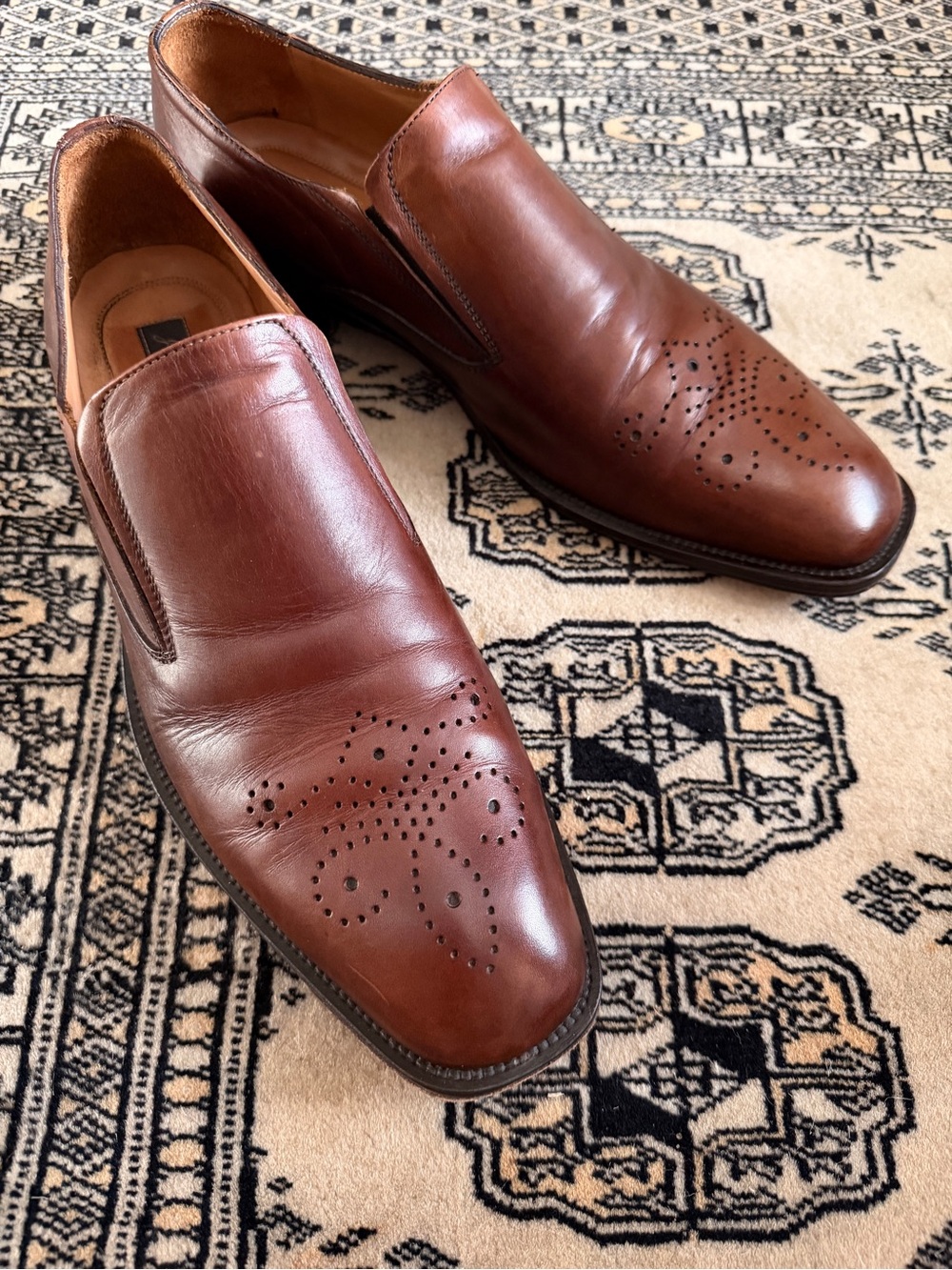 Johnston & Murphy Brown Leather Slip-On Loafers with Brogue Detailing